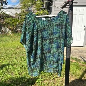 CAbi Green and Black Sheer Patterned Blouse St. Paddy’s